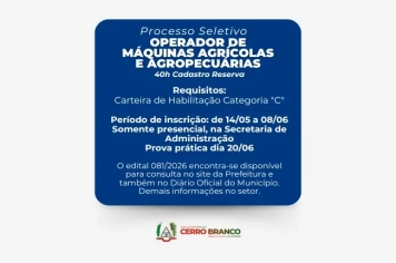 PROCESSO SELETIVO: Operador de Máquinas Agrícolas e Rodoviárias - CONTRATAÇÃO TEMPORÁRIA 