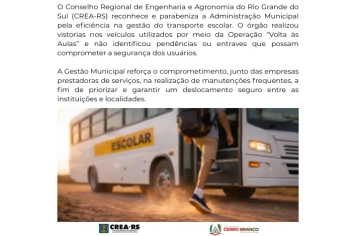 Transporte Escolar de Cerro Branco recebe aprovação do CREA-RS