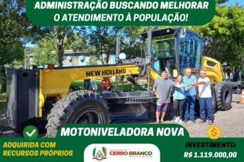 Cerro Branco amplia frota com motoniveladora 0km adquirida com recursos próprios