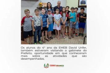 ALUNOS DO 4º ANO DA EMEB DAVID UNFER REALIZAM VISITA AO GABINETE DO PREFEITO BRUNO