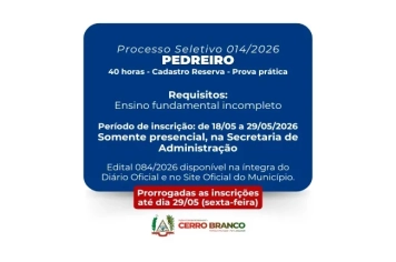 Inscrições prorrogadas: Processo Seletivo - Pedreiro (Cadastro Reserva)