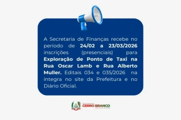 INSCRIÇÕES ABERTAS: Pontos de Táxi em Cerro Branco 