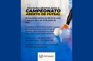 Inscrições abertas para o Campeonato Aberto de Futsal 2026