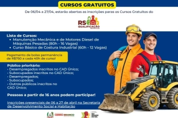 Cerro Branco abre inscrições para cursos gratuitos de qualificação profissional com auxílio de até R$ 1,5 mil