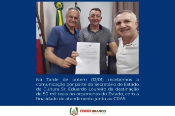 Cerro Branco recebe aporte de R$ 50 mil para investimentos no CRAS