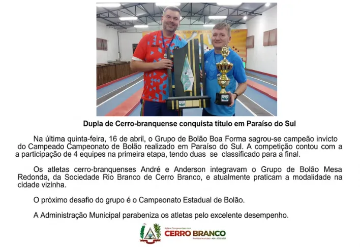 Dupla de Cerro Branco conquista título invicto em torneio regional de bolão