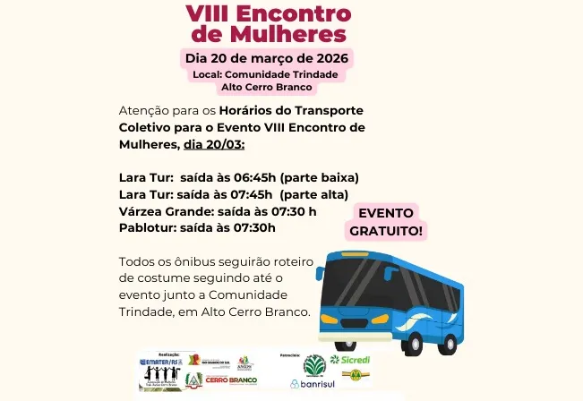 TRANSPORTE: VIII Encontro de Mulheres - Cerro Branco 2026