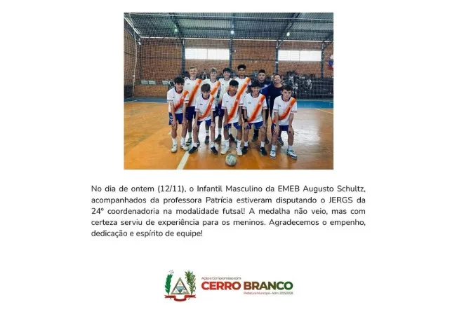 EQUIPE INFANTIL MASCULINA DE FUTSAL DA EMEB AUGUSTO SCHULTZ PARTICIPOU DA ETAPA DA COORDENADORIA DO JERGS