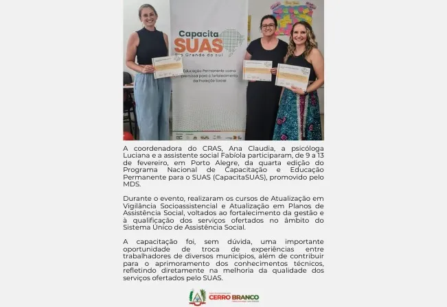 Comitiva de Cerro Branco participa de capacitação do Sistema Único de Assistência Social