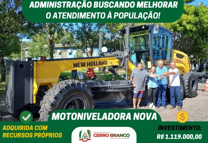 Cerro Branco amplia frota com motoniveladora 0km adquirida com recursos próprios