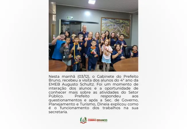 ALUNOS DO 4º ANO DA EMEB AUGUSTO SCHULTZ REALIZAM VISITA AO GABINETE DO PREFEITO BRUNO