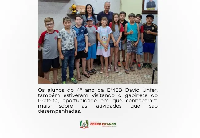 ALUNOS DO 4º ANO DA EMEB DAVID UNFER REALIZAM VISITA AO GABINETE DO PREFEITO BRUNO