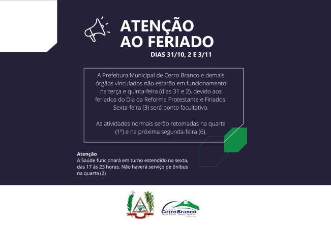 Prefeitura estará em recesso dias 31/10, 2 e 3/11