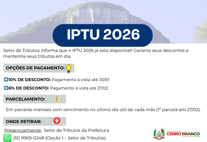 Cerro Branco abre prazo para pagamento do IPTU 2026 com descontos de até 10%