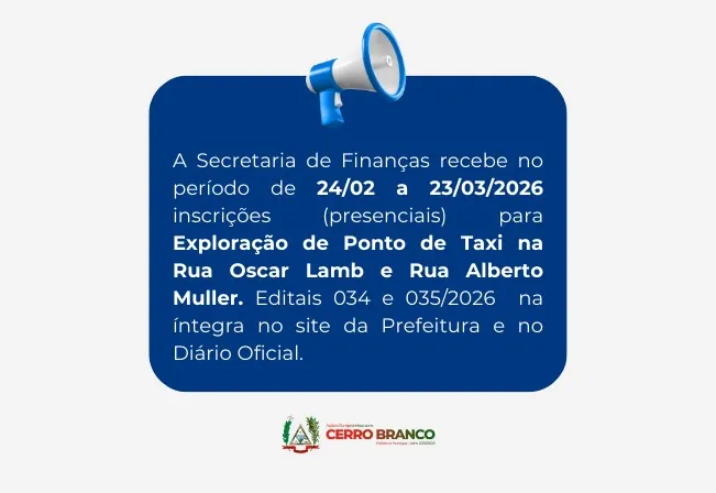 INSCRIÇÕES ABERTAS: Pontos de Táxi em Cerro Branco 