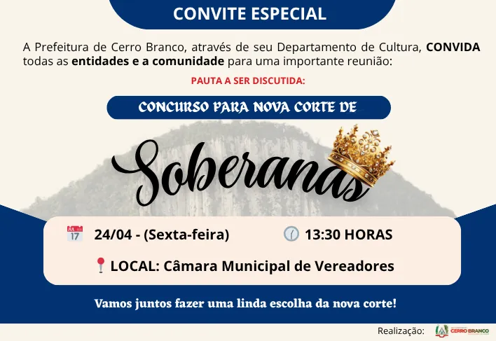 Prefeitura de Cerro Branco convoca comunidade para definir detalhes do Concurso das Soberanas