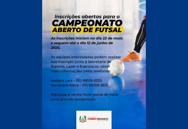 Inscrições abertas para o Campeonato Aberto de Futsal 2026