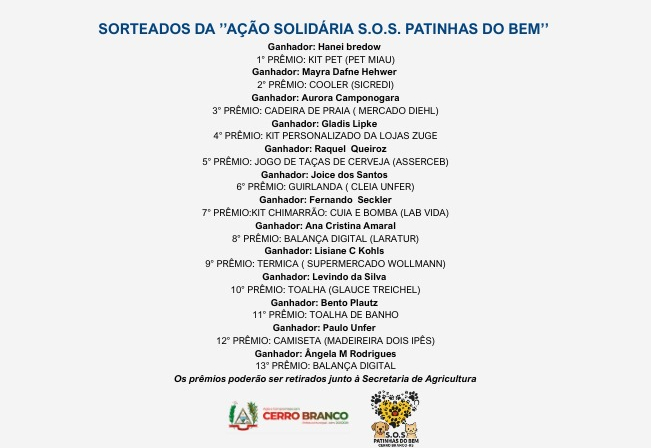 GANHADORES DA AÇÃO SOLIDÁRIA S.O.S. PATINHAS DO BEM 