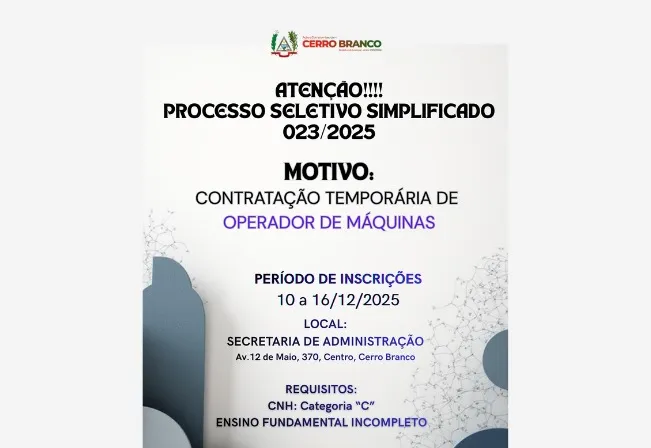 PROCESSO SELETIVO: OPERADOR DE MÁQUINAS - CONTRATAÇÃO TEMPORÁRIA 