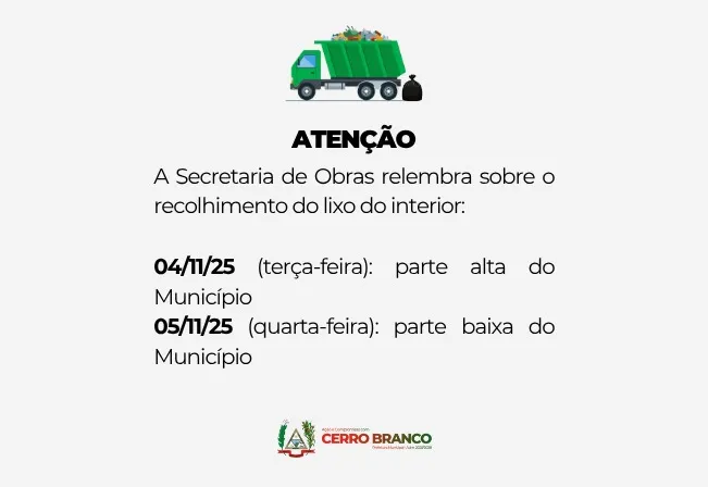 SECRETARIA DE OBRAS INFORMA: FIQUE ATENTO AO CRONOGRAMA DE RECOLHIMENTO DE LIXO NO INTERIOR
