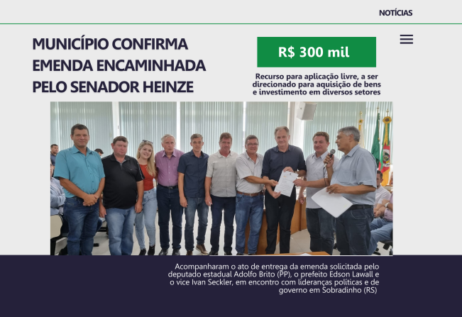 Município confirma emenda de R$ 300 mil encaminhada pelo senador Heinze