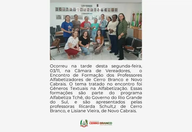 PROFESSORES DE CERRO BRANCO E NOVO CABRAIS PARTICIPAM DE FORMAÇÃO SOBRE GÊNEROS TEXTUAIS
